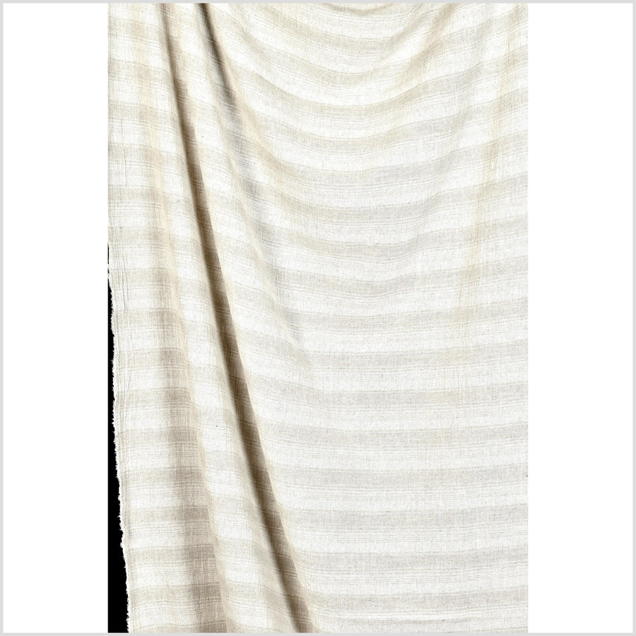 Striped neutral cotton and linen crepe fabric, horizontal cream and beige banding, Thailand woven craft sold by the yard PHA342-10