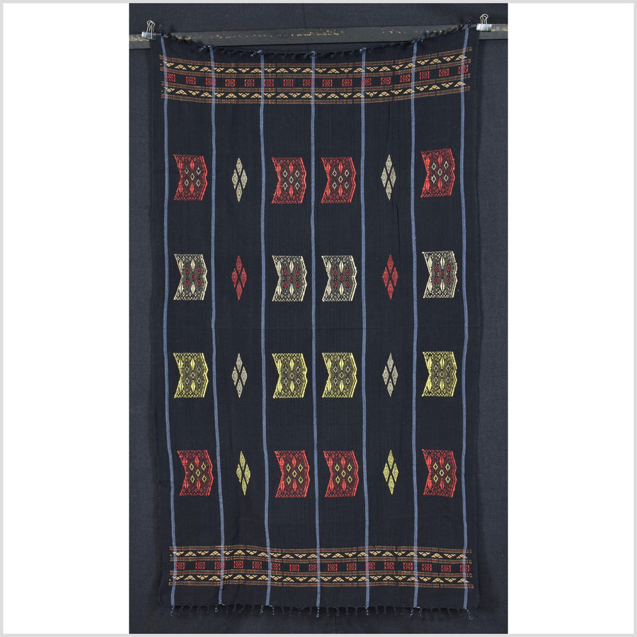 Elegant black Naga minority textile, ethnic tribal home decor blanket, handwoven cotton bed throw Burma boho Chin India textile EC106