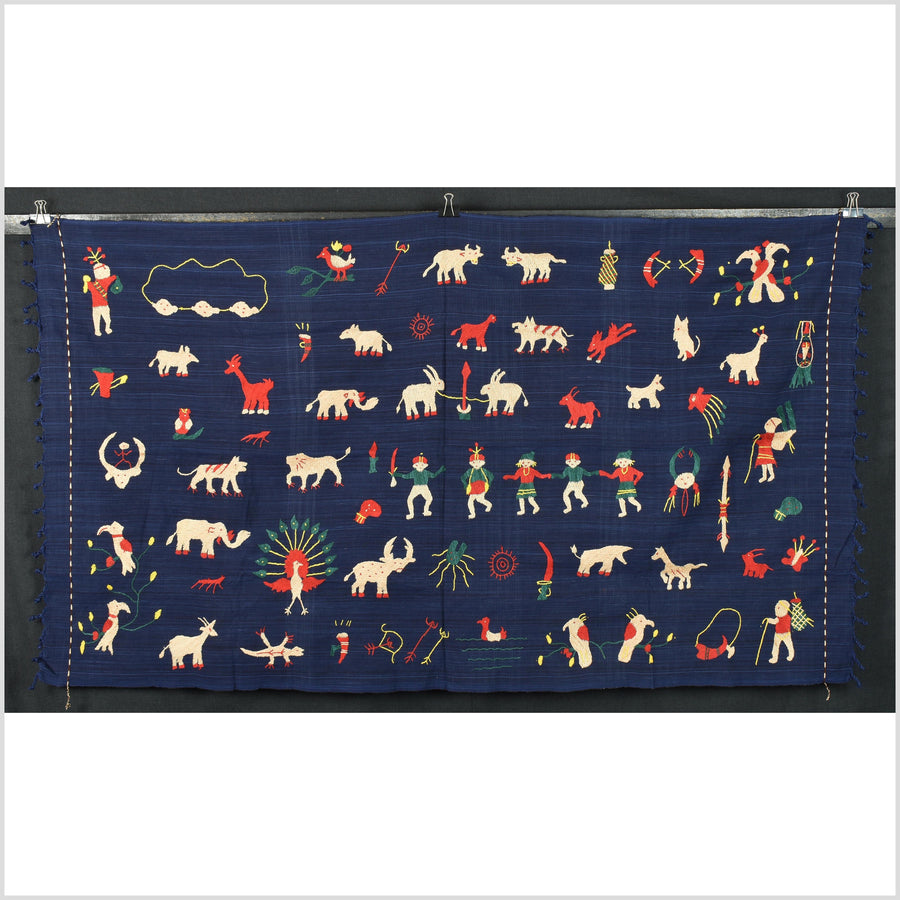 Cobalt blue Naga tribal textile cotton story quilt jungle hut embroidered boho Burma hill tribe tapestry Thailand India EC128