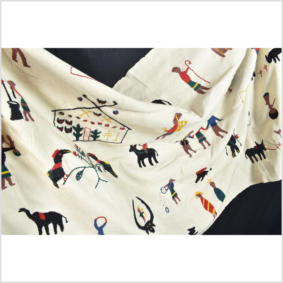 Warm off-white Naga tribal textile cotton story quilt jungle hut embroidered boho Burma hill tribe tapestry Thailand India EC131