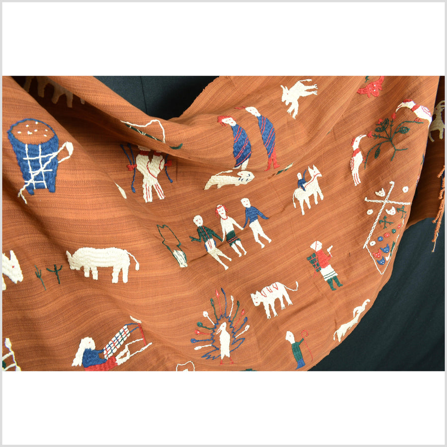 Burnt orange Naga tribal textile cotton story quilt jungle hut embroidered boho Burma hill tribe tapestry Thailand India EC137