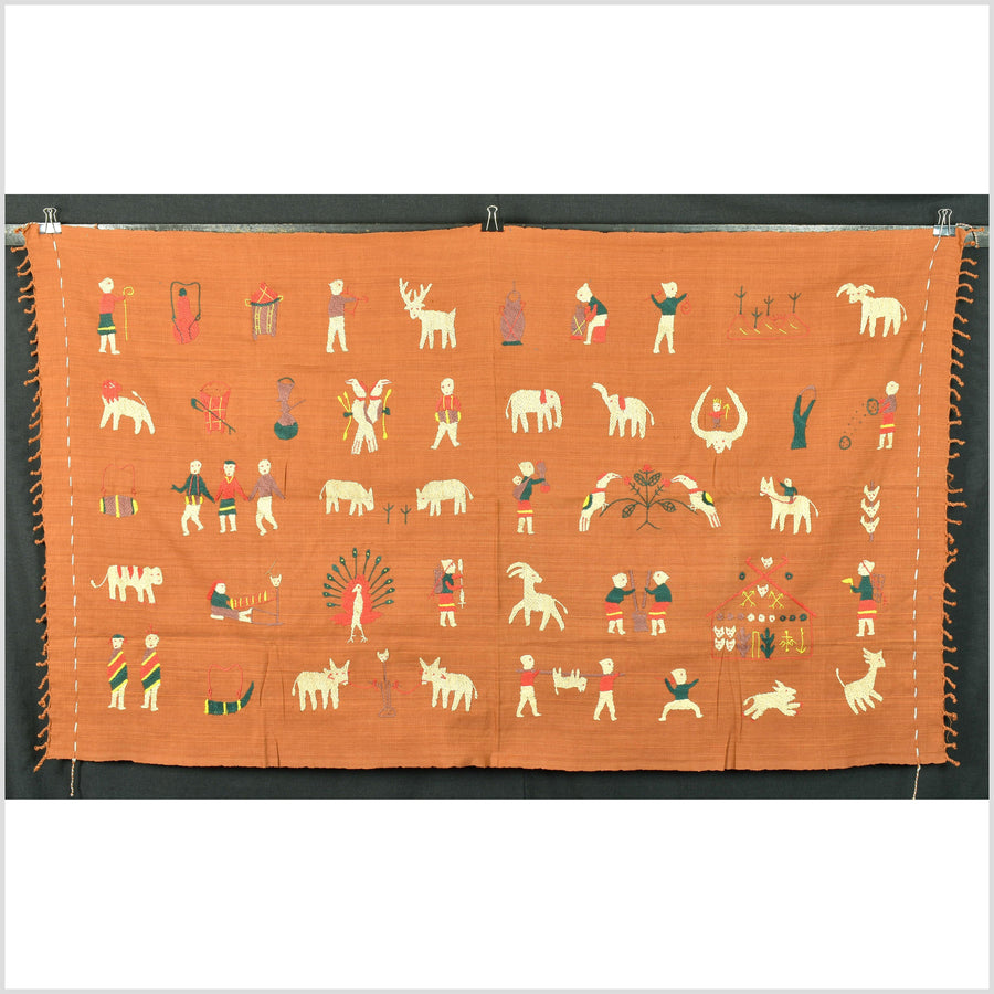 Burnt orange Naga tribal textile cotton story quilt jungle hut embroidered boho Burma hill tribe tapestry Thailand India EC142