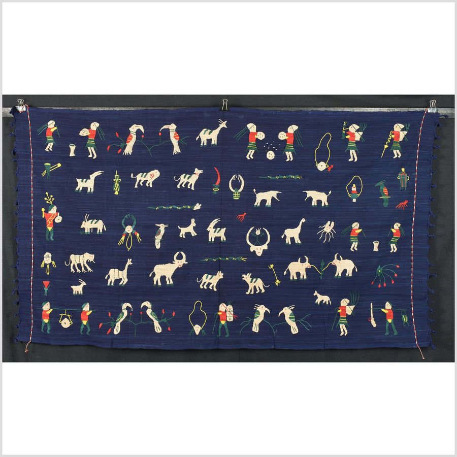 Cobalt blue Naga tribal textile cotton story quilt jungle hut embroidered boho Burma hill tribe tapestry Thailand India EC162