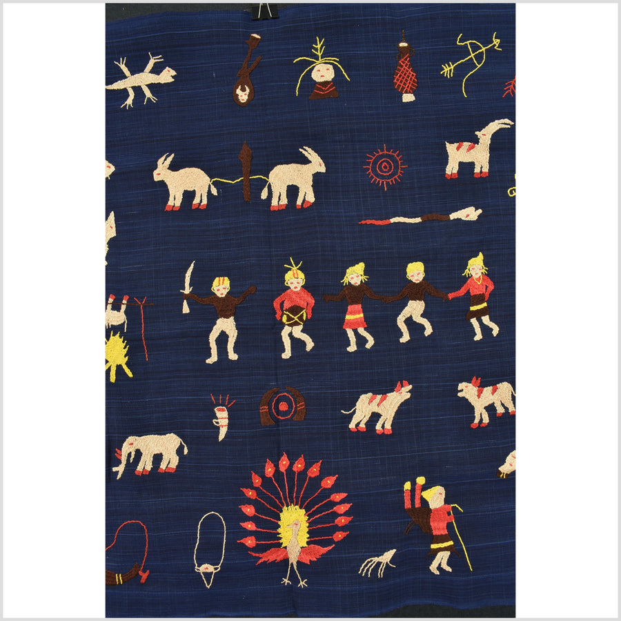Cobalt blue Naga tribal textile cotton story quilt jungle hut embroidered boho Burma hill tribe tapestry Thailand India EC167
