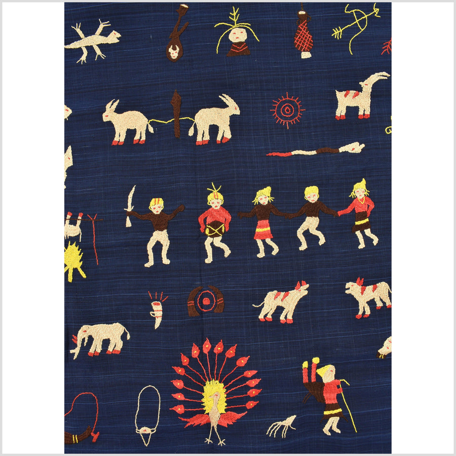 Cobalt blue Naga tribal textile cotton story quilt jungle hut embroidered boho Burma hill tribe tapestry Thailand India EC167