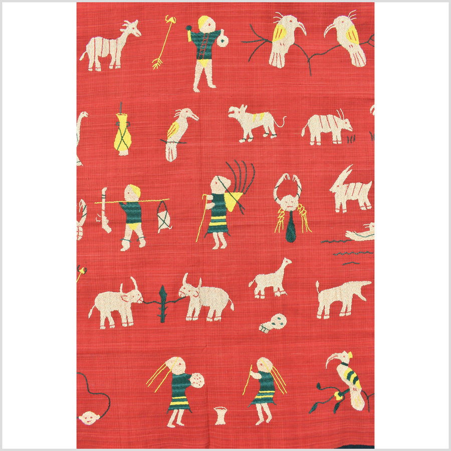 Fiery red Naga tribal textile cotton story quilt jungle hut embroidered boho Burma hill tribe tapestry Thailand India EC171