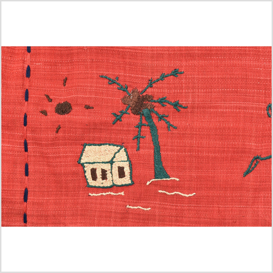Fiery red Naga tribal textile cotton story quilt jungle hut embroidered boho Burma hill tribe tapestry Thailand India EC173