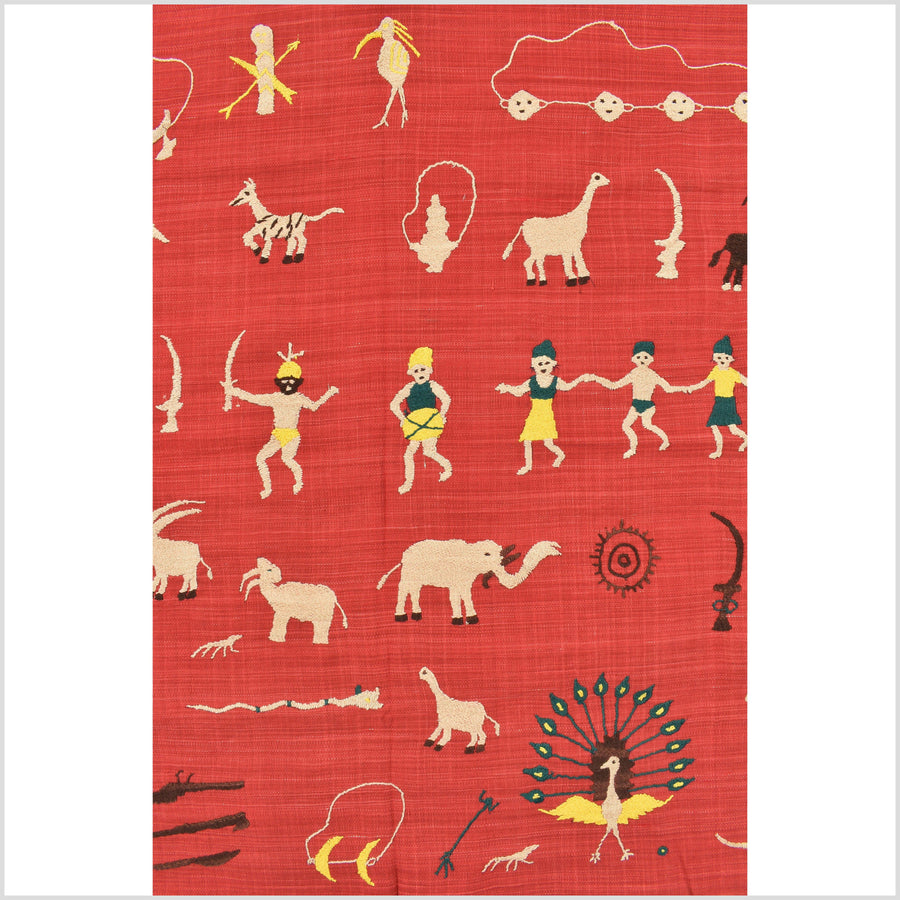 Fiery red Naga tribal textile cotton story quilt jungle hut embroidered boho Burma hill tribe tapestry Thailand India EC173