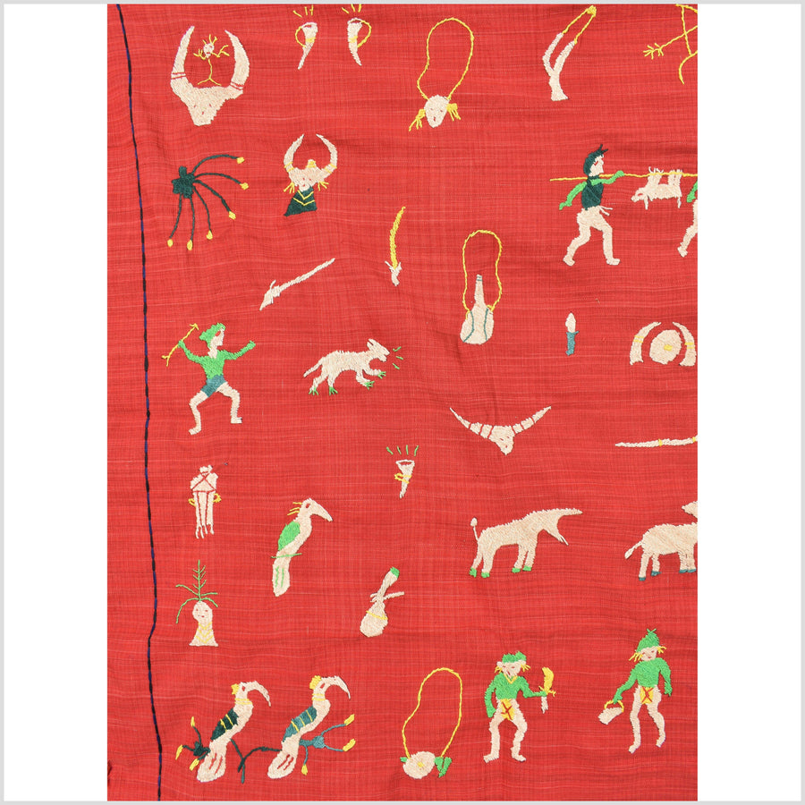 Fiery red Naga tribal textile cotton story quilt jungle hut embroidered boho Burma hill tribe tapestry Thailand India EC175