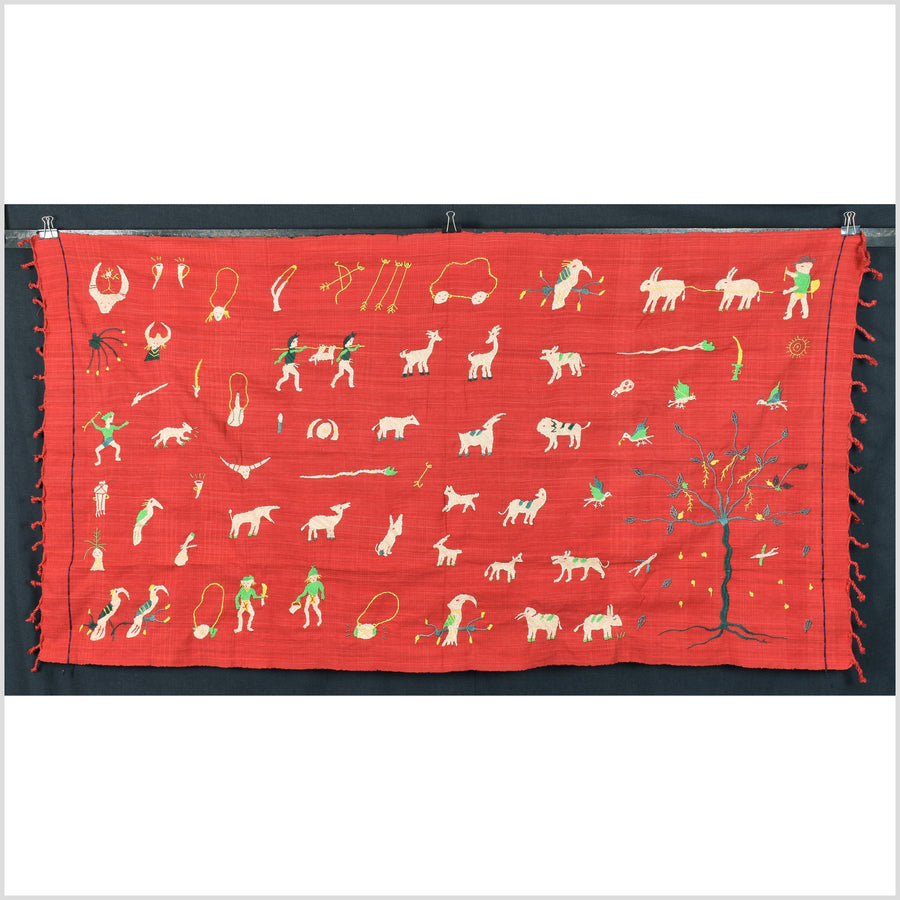 Fiery red Naga tribal textile cotton story quilt jungle hut embroidered boho Burma hill tribe tapestry Thailand India EC175