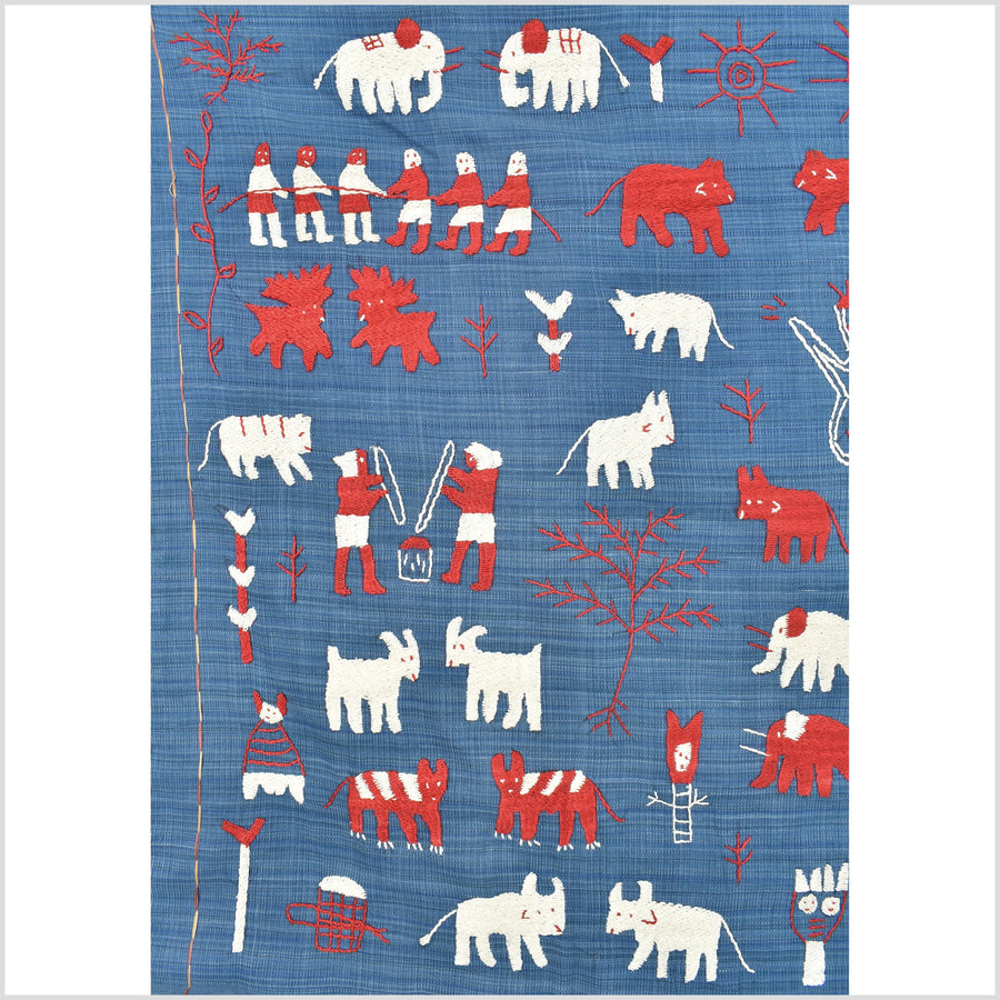 Striking sky blue, crimson & white Naga tribal textile cotton story quilt, animals, totems, boho hilltribe tapestry Thailand India EC176