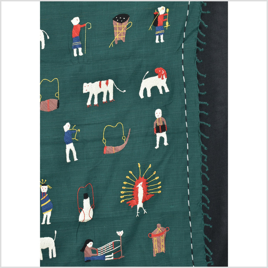 Dark forest green Naga tribal textile cotton story quilt jungle hut embroidered boho Burma hill tribe tapestry Thailand India EC181