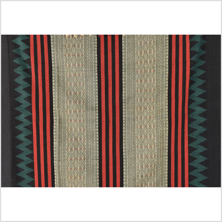Tribal home decor ethnic Naga blanket, geometric stripe beige black red green handwoven cotton throw boho Thailand Burma India tapestry EC75