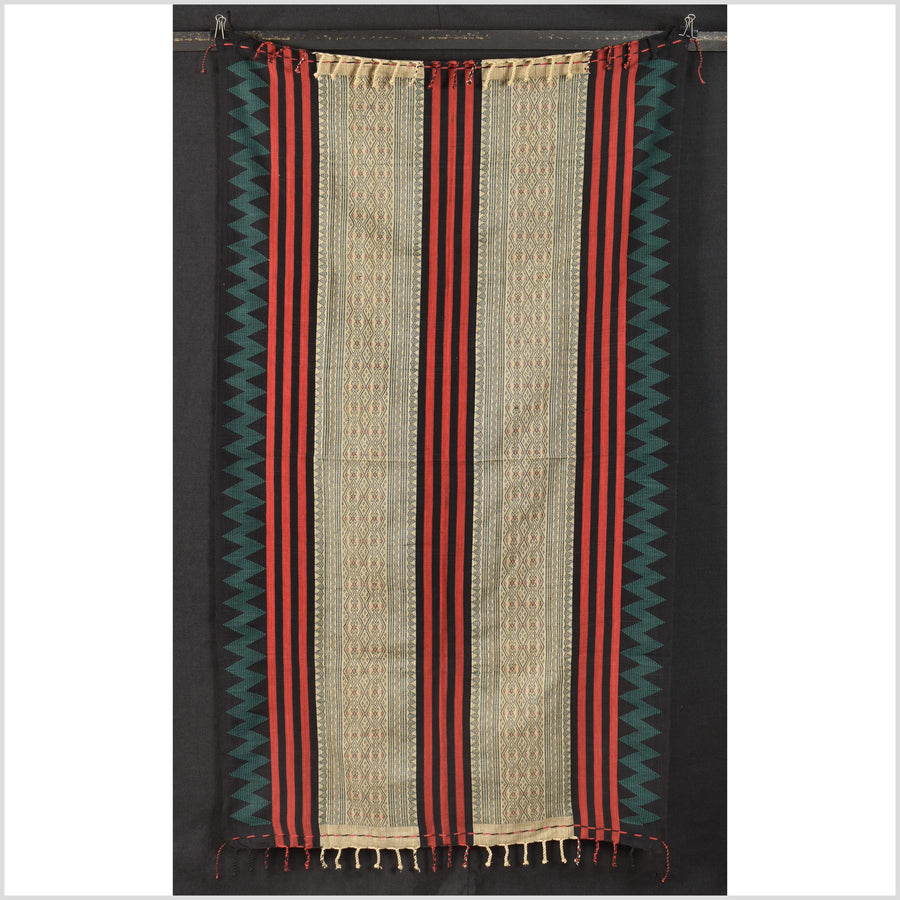 Tribal home decor ethnic Naga blanket, geometric stripe beige black red green handwoven cotton throw boho Thailand Burma India tapestry EC75