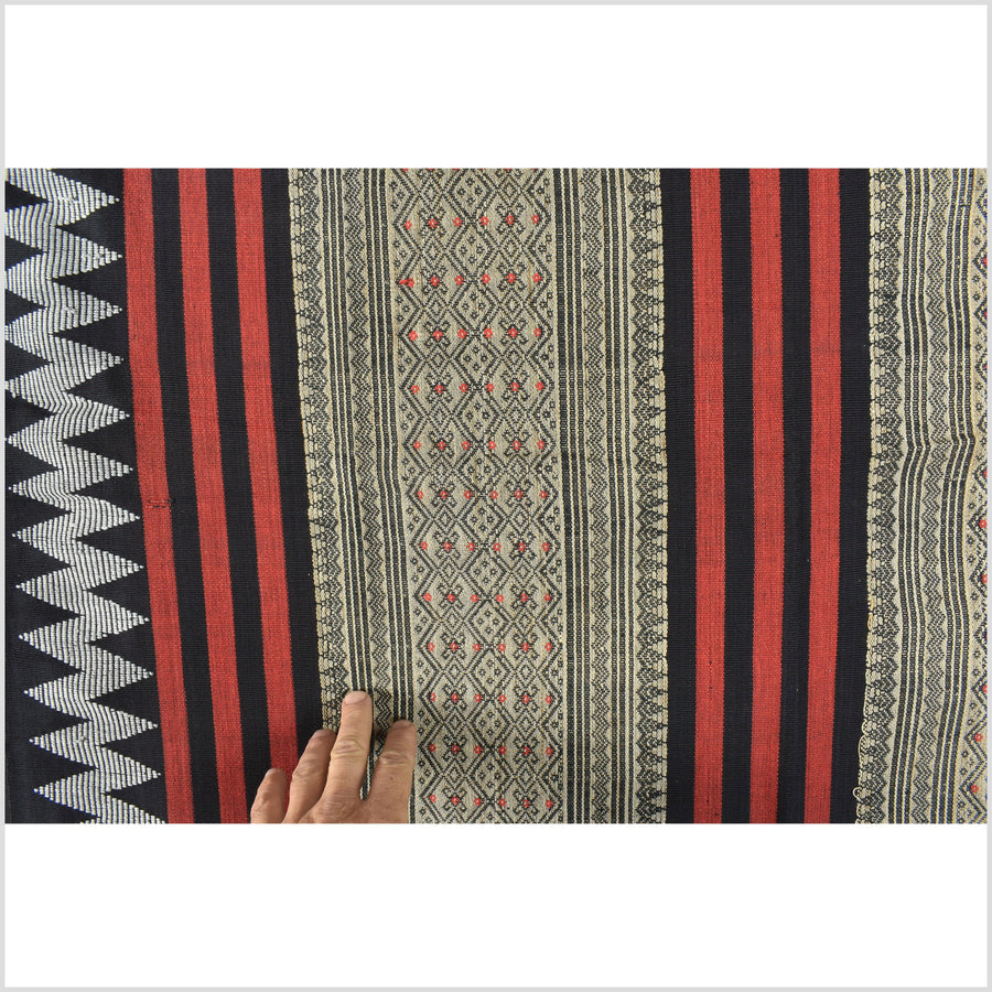 Tribal home decor ethnic Naga blanket, geometric stripe beige black red gray handwoven cotton throw boho Thailand Burma India tapestry EC76