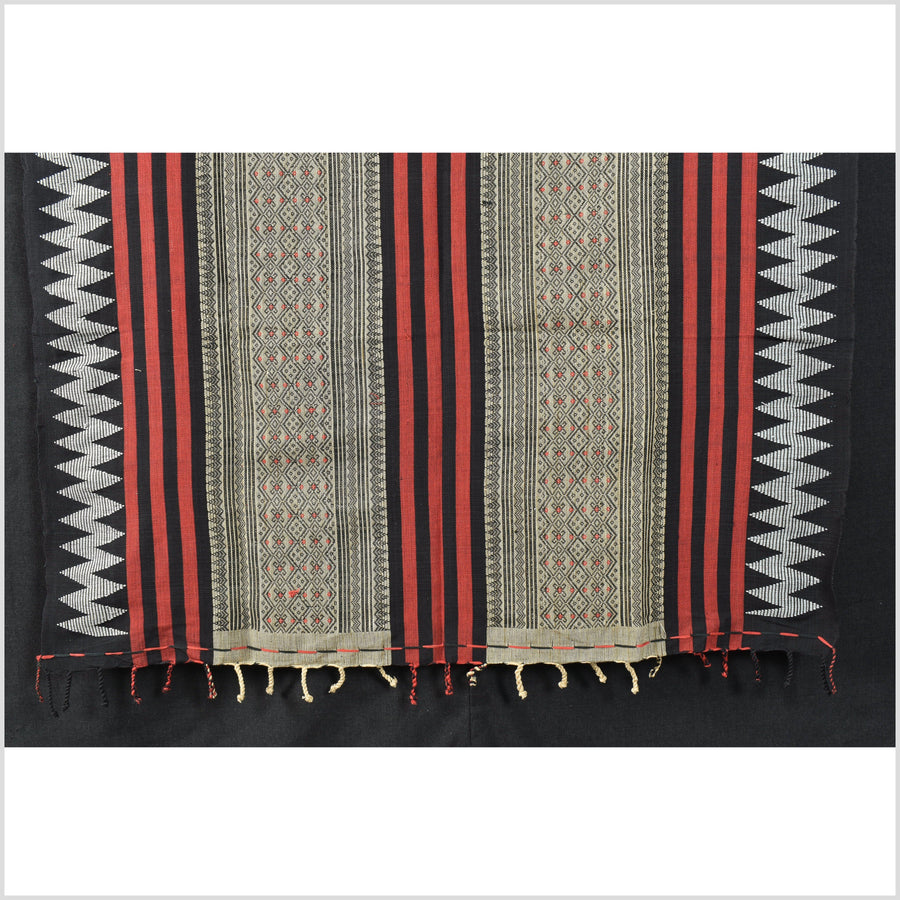 Tribal home decor ethnic Naga blanket, geometric stripe beige black red gray handwoven cotton throw boho Thailand Burma India tapestry EC76