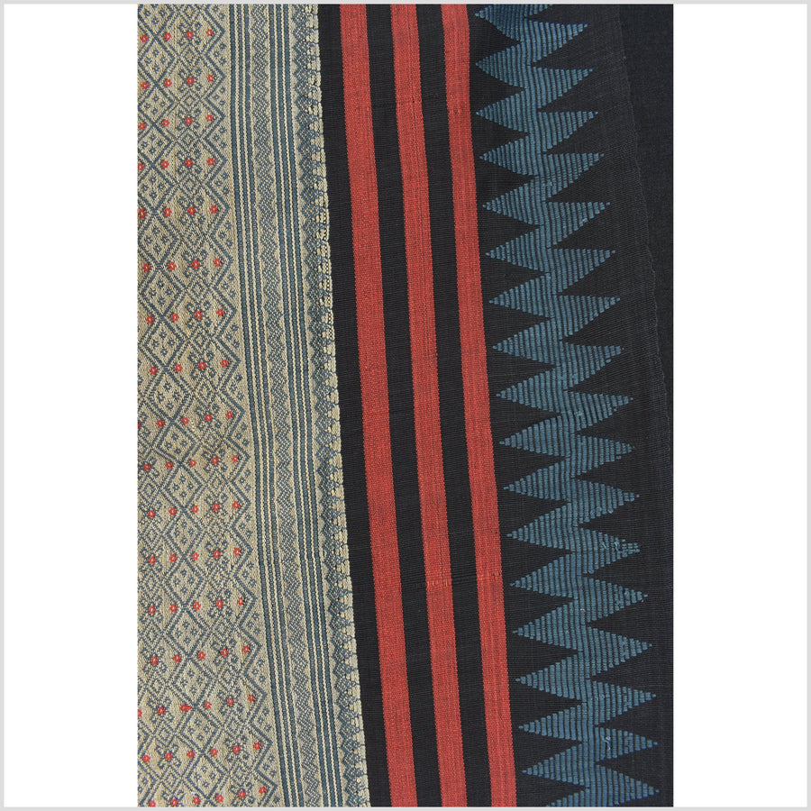 Tribal home decor ethnic Naga blanket, geometric stripe beige black red blue handwoven cotton throw boho Thailand Burma India tapestry EC77