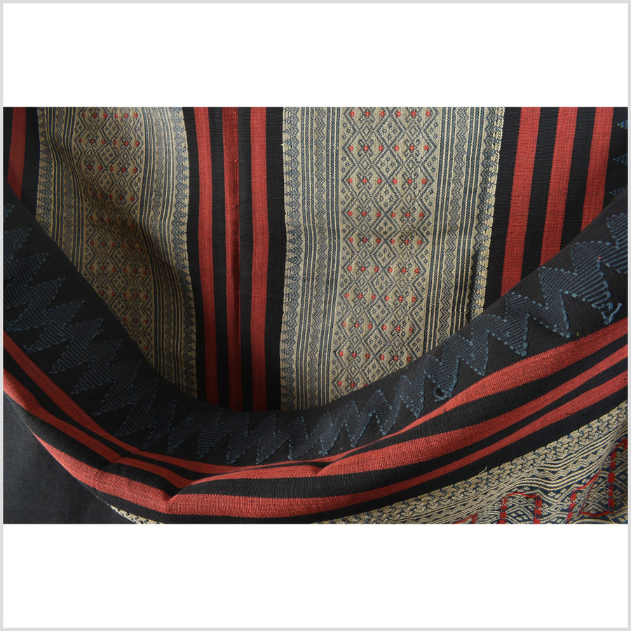 Tribal home decor ethnic Naga blanket, geometric stripe beige black red blue handwoven cotton throw boho Thailand Burma India tapestry EC77