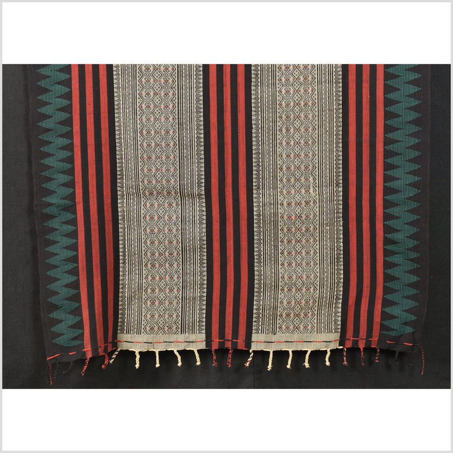 Tribal home decor ethnic Naga blanket, geometric stripe beige black red green handwoven cotton throw boho Thailand Burma India tapestry EC78