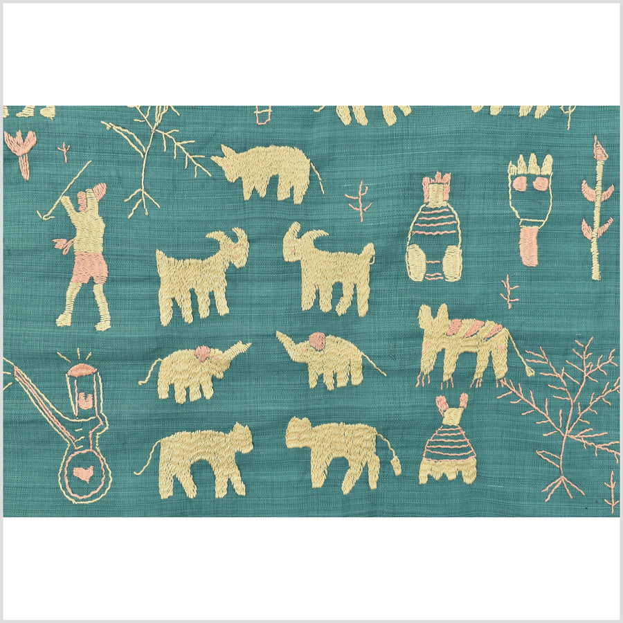 Fantastic soft mint green & tan/yellow Naga tribal textile cotton story quilt, animals, totems, boho hilltribe tapestry Thailand India EC80
