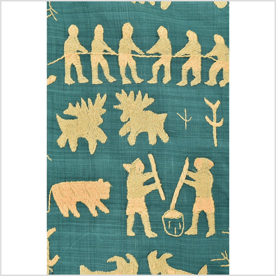 Fantastic soft mint green & tan/orange Naga tribal textile cotton story quilt, animals, totems, boho hilltribe tapestry Thailand India EC81