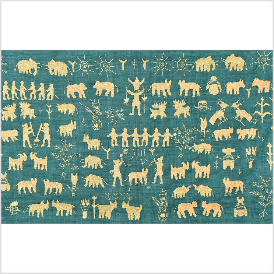 Fantastic soft mint green & tan/orange Naga tribal textile cotton story quilt, animals, totems, boho hilltribe tapestry Thailand India EC81