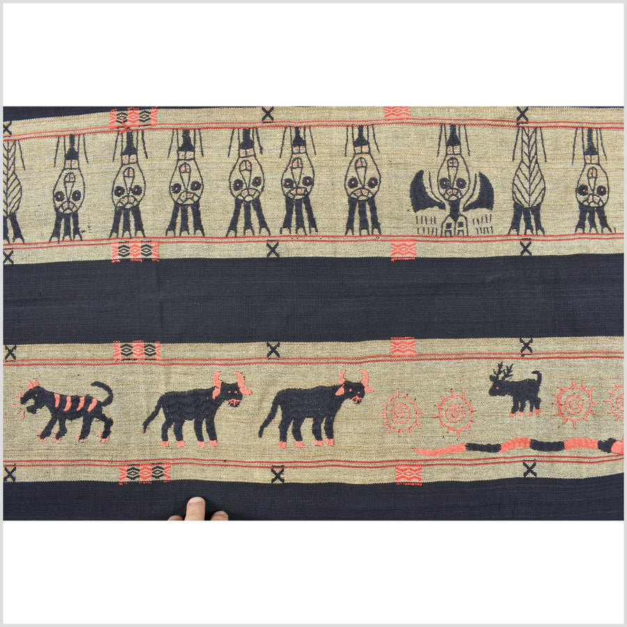 Vintage cotton warrior quilt, Naga tribal textile, indgo blue, red, tan colored ethnic home decor blanket, embroidered ethnic quilt EC94