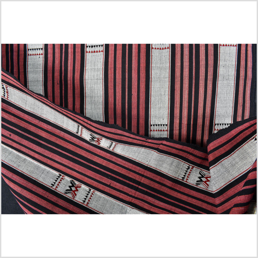 Tribal home decor ethnic Naga blanket, geometric stripe gray black red handwoven cotton throw boho Thailand Burma India tapestry EC99