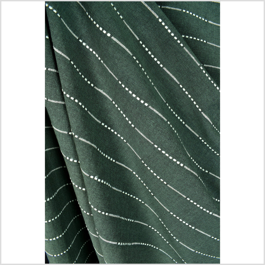 Forest green handwoven cotton fabric with woven off-white striping, light/medium-weight, fabric by 10-yard lot PHA357