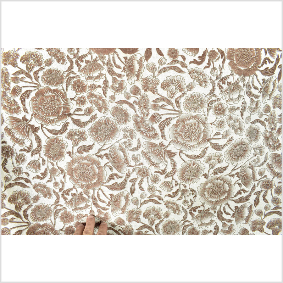 Unbleached cotton flower print fabric, off-white background, brown & gray flower pattern, 46 inch wide, Thailand craft, fabric by yard PHA359