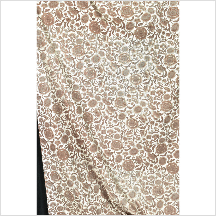 Unbleached cotton flower print fabric, off-white background, brown & gray flower pattern, 46 inch wide, Thailand craft, fabric by 10 yards PHA359