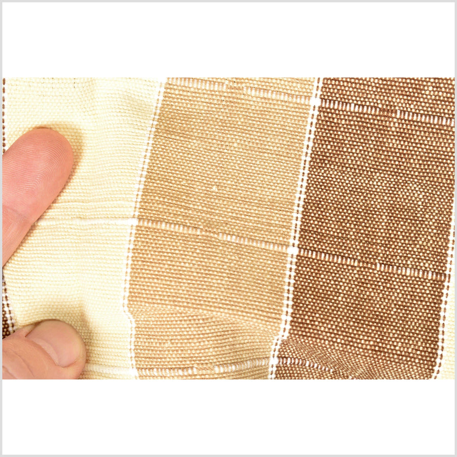 Gorgeous & happy brown, tan, & yellow banded cotton canvas fabric, white woven pinstripes, 40 inch wide, Thailand craft, fabric by yard PHA360
