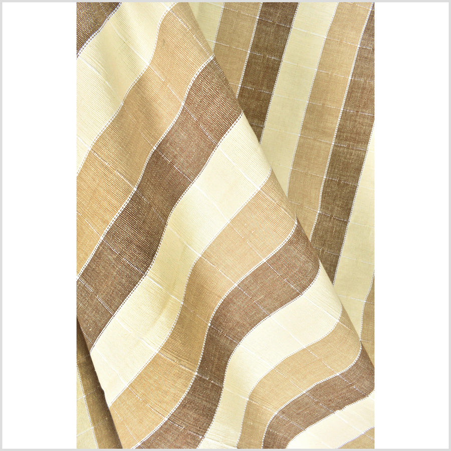 Gorgeous & happy brown, tan, & yellow banded cotton canvas fabric, white woven pinstripes, 40 inch wide, Thailand craft, fabric by yard PHA360
