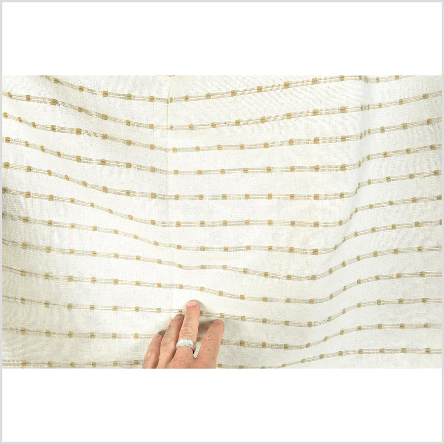 Elegant off-white with tan/pale ocher stitching, neutral minimalist cotton fabric, geometric stripe pattern, unbleached Thai canvas, fabric by the yard, PHA361