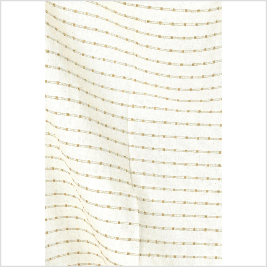 Elegant, off-white with tan/pale ocher stitching, neutral minimalist cotton fabric, geometric stripe pattern, unbleached Thai canvas, fabric by 10 yards, PHA361
