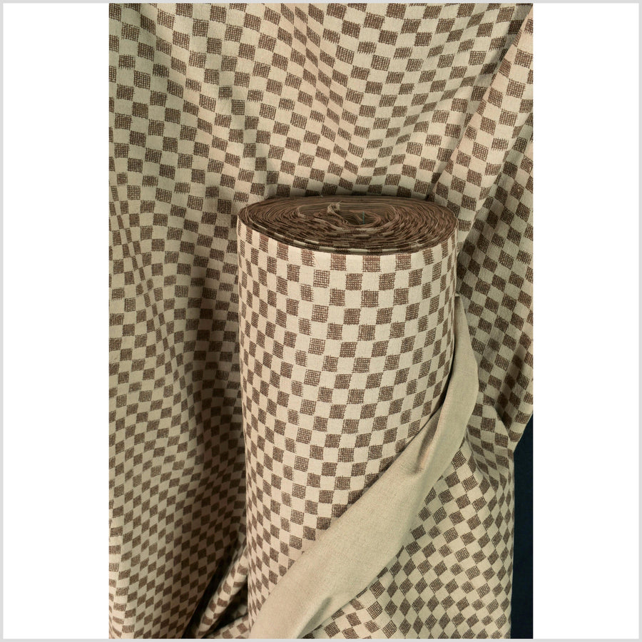 Warm mocha brown cotton fabric, chocolate checkerboard screen print, bold graphic pattern, Thailand sewing craft, sold by 10 yards PHA363