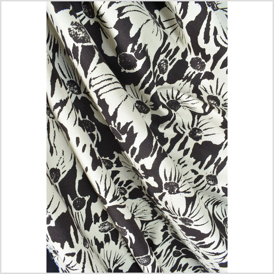 Stylized flower print fabric, unbleached natural cotton twill, off-white background, warm black pattern, 45 inch wide, Thailand craft, fabric by the yard PHA384