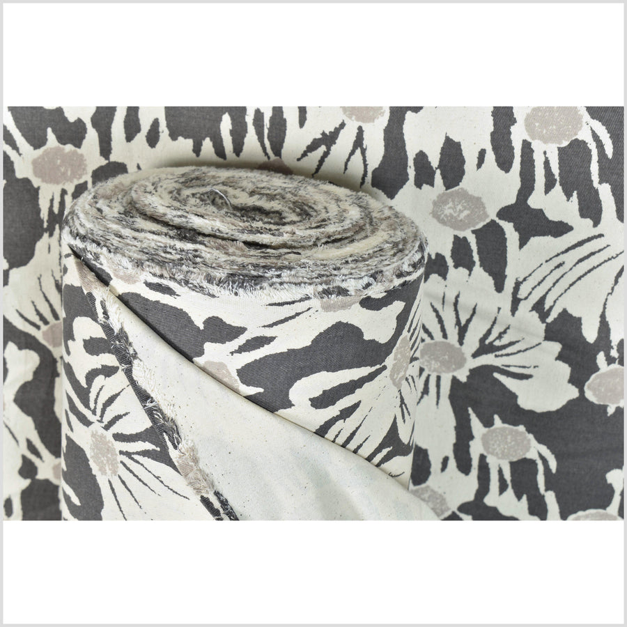 Stylized flower print fabric, unbleached natural cotton twill, off-white background, two-tone dark/light gray pattern, 45 inch wide, Thailand craft, fabric by the yard PHA385