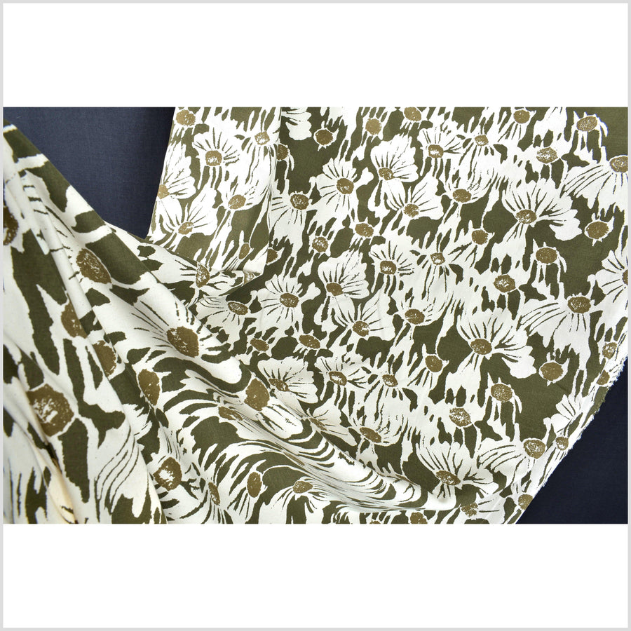 Stylized flower print fabric, unbleached natural cotton twill, off-white background, two-tone green/olive pattern, 45 inch wide, Thailand craft, fabric by 10 yards PHA387-10
