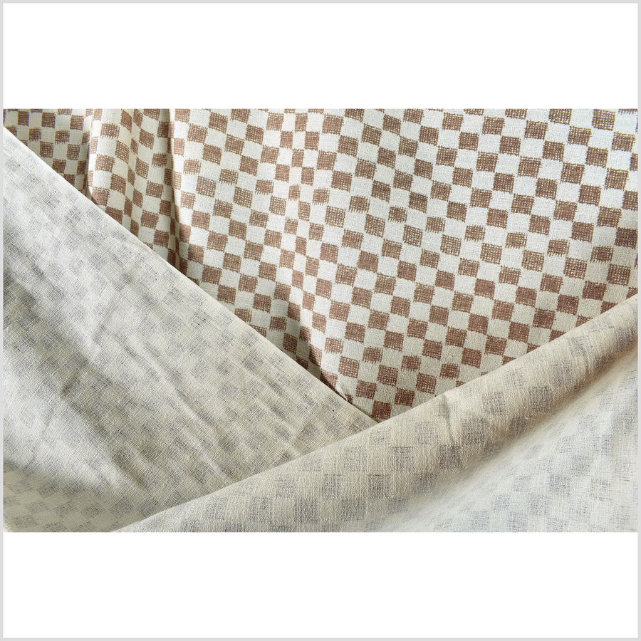 Mocha brown cotton fabric, off-white cream checkerboard screen print, bold graphic pattern, Thai craft, sold by yard PHA399