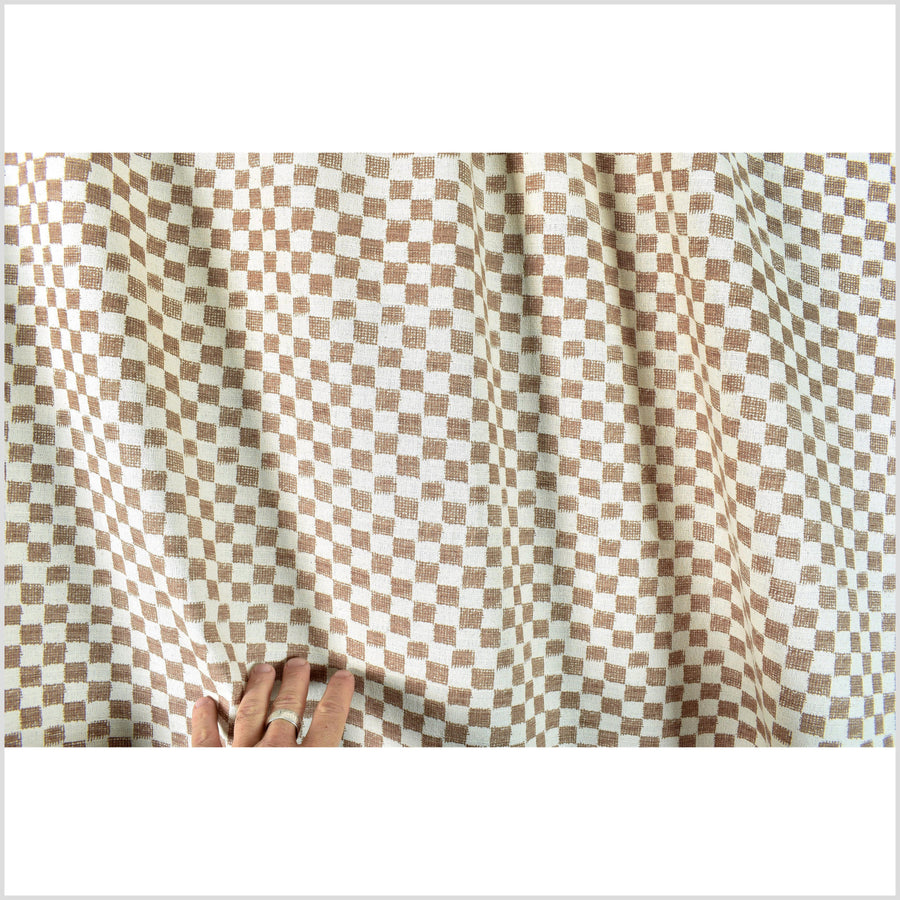 Mocha brown cotton fabric, off-white cream checkerboard screen print, bold graphic pattern, Thai craft, sold by yard PHA399
