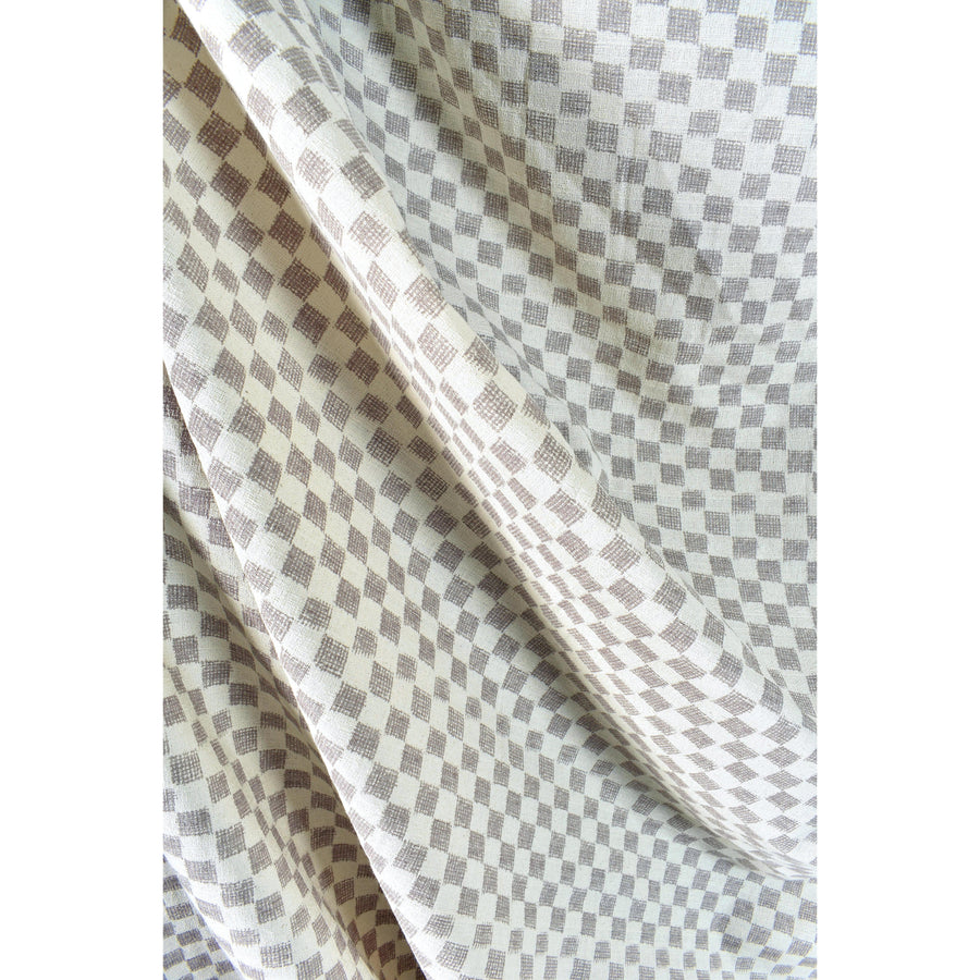 Warm gray cotton fabric, off-white cream checkerboard screen print, bold graphic pattern, Thai craft, sold by the yards PHA400
