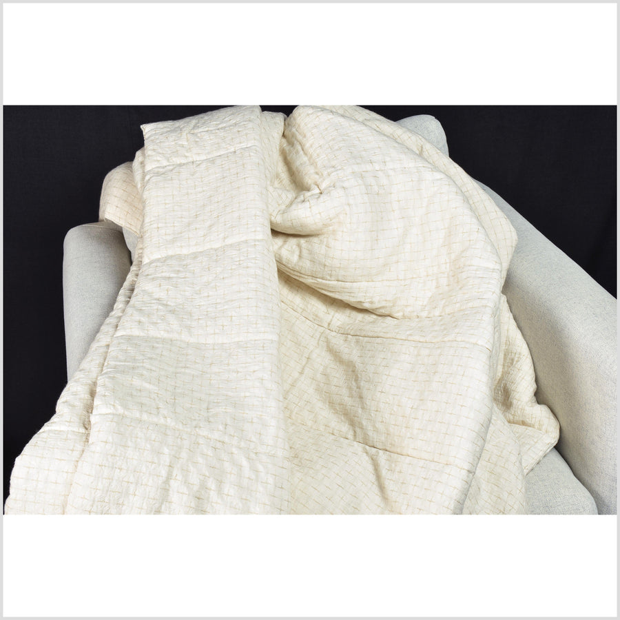 Handmade quilt, natural cream & beige cross pattern, 100% cotton & linen bed throw, medium weight, all natural fabric, pure cotton batting QLT1