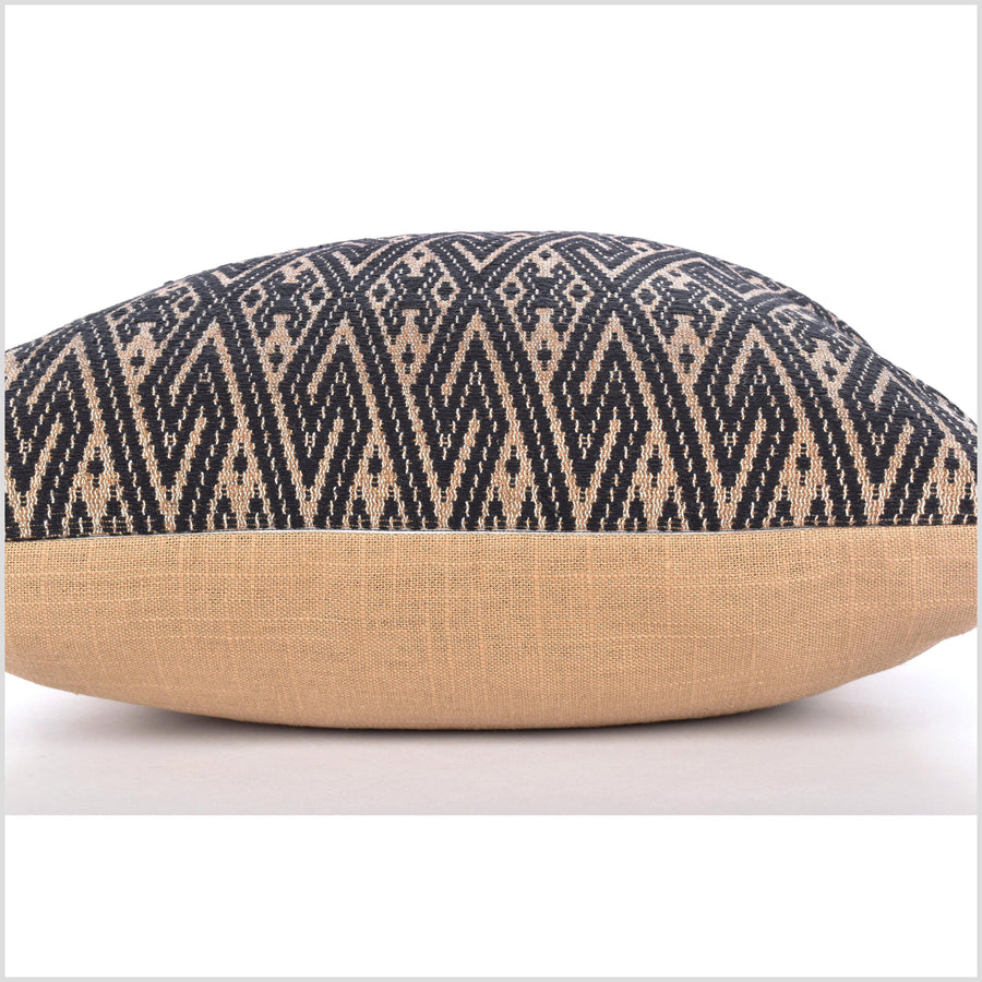 15 in. square cushion, geometric ethnic Laos pillow, Hmong Tai Lue bohemian, handwoven cotton, neutral black brown tribal decor LL7