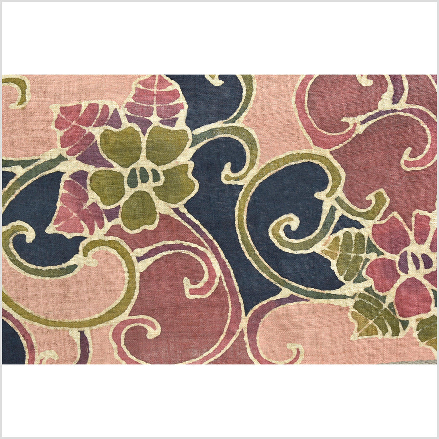 Batik hemp roll, handmade, painted flower motif runner, pink, blush, rose, green, black floral nature design RN58