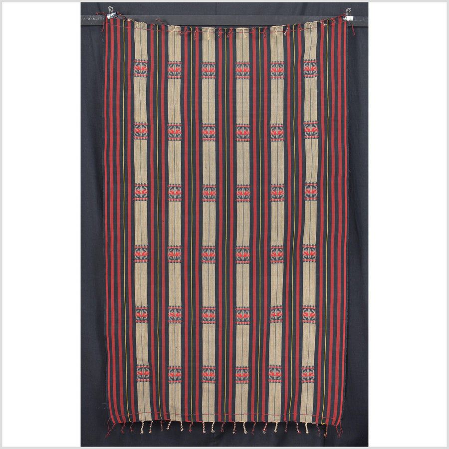 Beige red blue Naga ethnic textile, tribal home decor, handwoven cotton bed throw ZV78