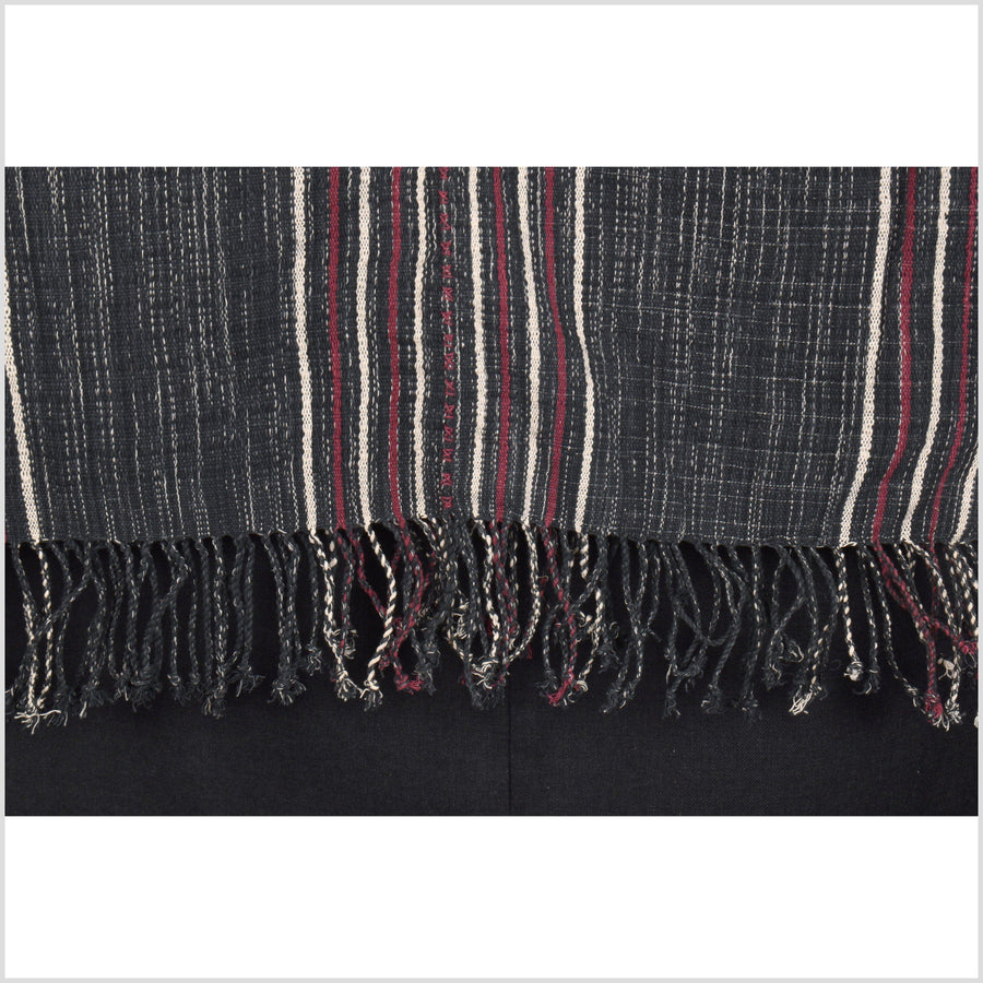 Black, white, red, natural organic dye cotton, handwoven neutral earth tone tribal textile, Karen Hmong fabric, Thai striped boho throw MQ34