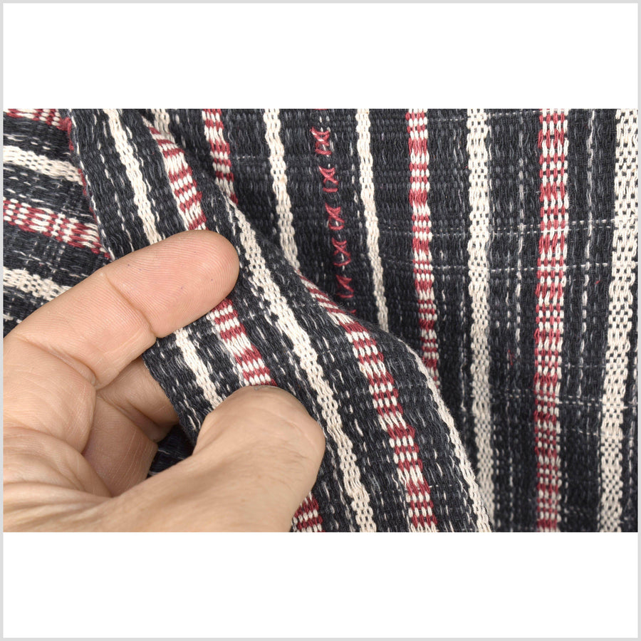 Black, white, red, natural organic dye cotton, handwoven neutral earth tone tribal textile, Karen Hmong fabric, Thai striped boho throw MQ35