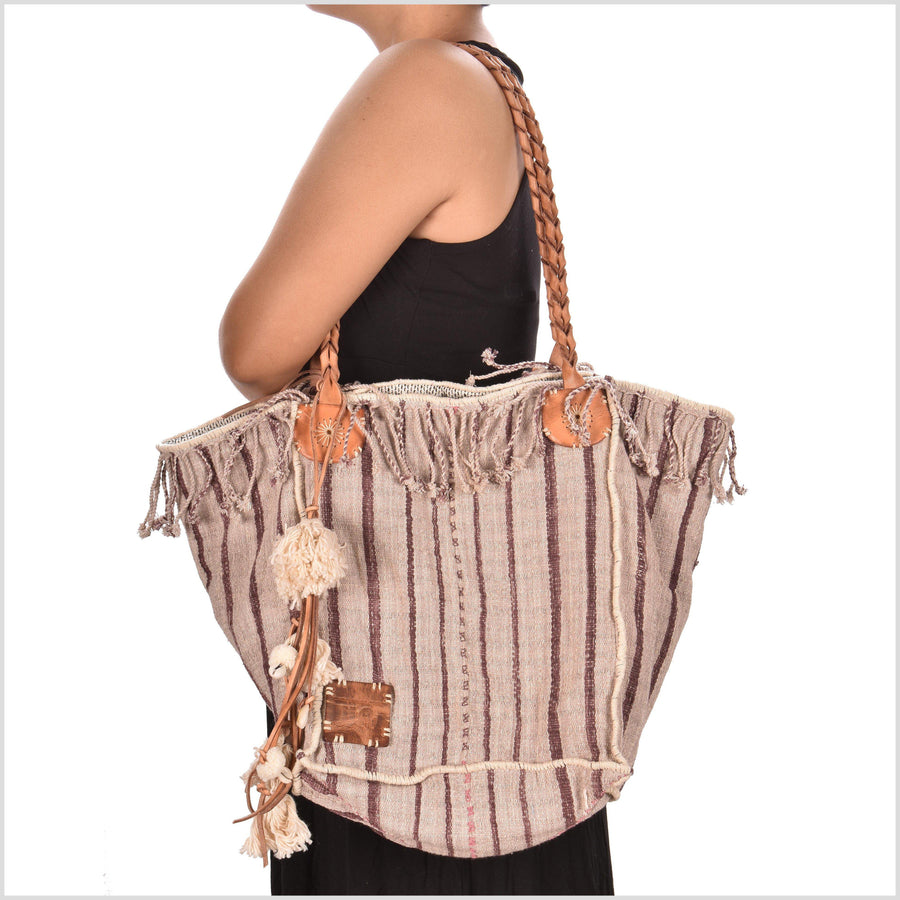 Blush striped summer handbag, ethnic boho style, natural dye soft cotton, leather handles, tribal hand stitching BG3