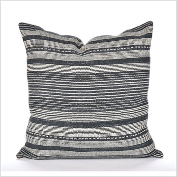 Bohemian home decor, handwoven cotton pillowcase, 19 in. square cushion, farmhouse style, black off-white striped pillow, organic dye LL33